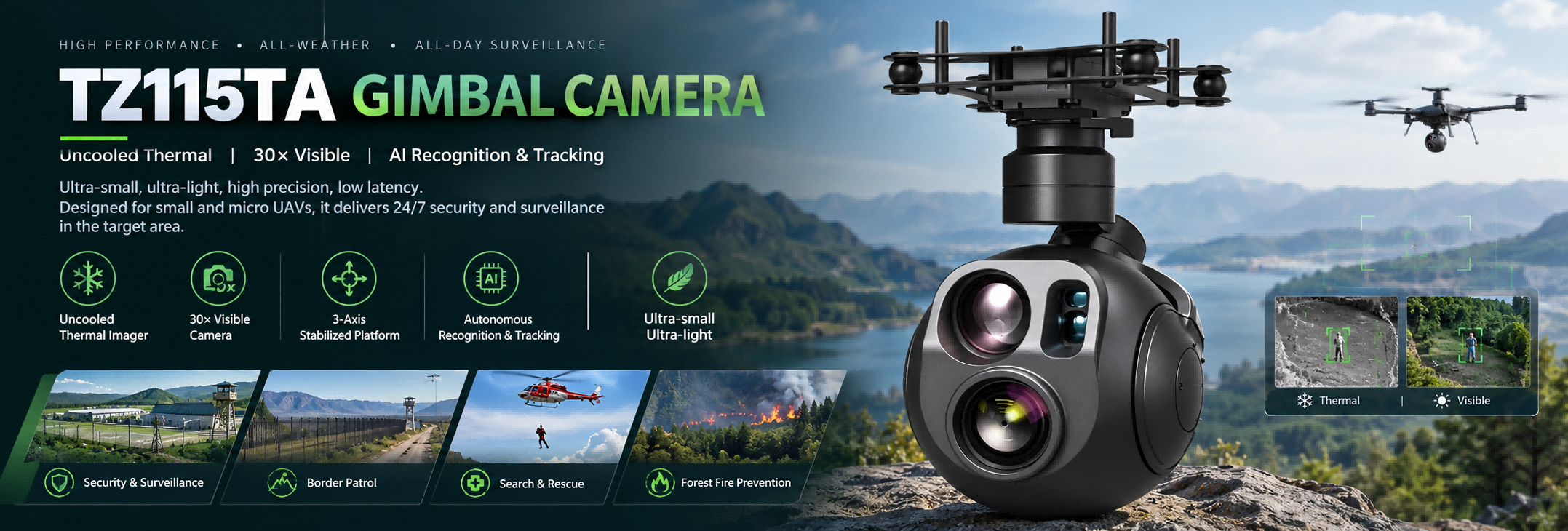 TZ115TA EO/IR Gimbal Camera with Uncooled Thermal Imager and 30x Visible Light Camera for UAV Aerial Surveillance